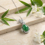 925 Sterling Silver Elegant Green Jade Cabochon Pendant Necklace with Sparkling Diamond Ribbon Accent NP Collection