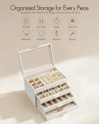 4-Layer Jewelry Storage Case with Glass Lid, Gold Handle, 3 Drawers - Cloud White