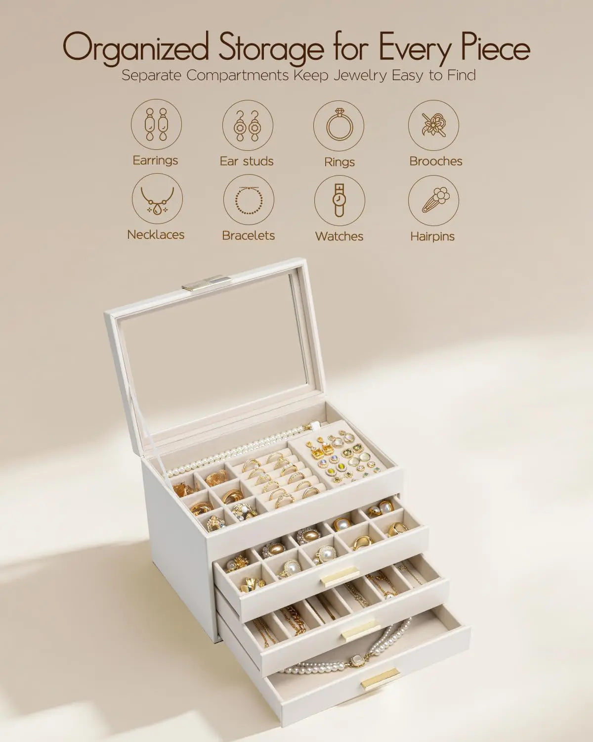 4-Layer Jewelry Storage Case with Glass Lid, Gold Handle, 3 Drawers - Cloud White