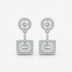 925 Sterling Silver Sophisticated Round and Emerald Cut CZ Double Halo Drop Earrings