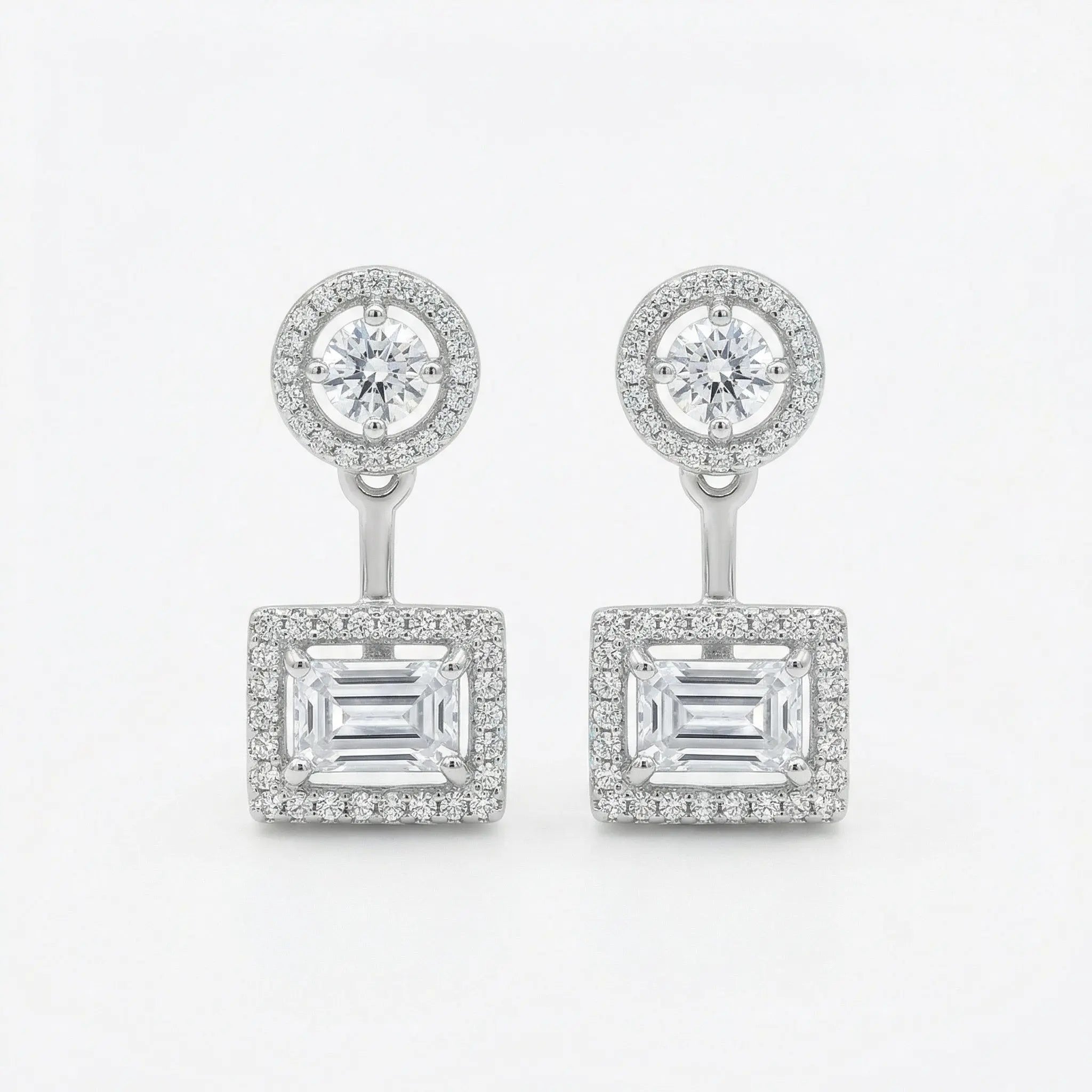 925 Sterling Silver Sophisticated Round and Emerald Cut CZ Double Halo Drop Earrings