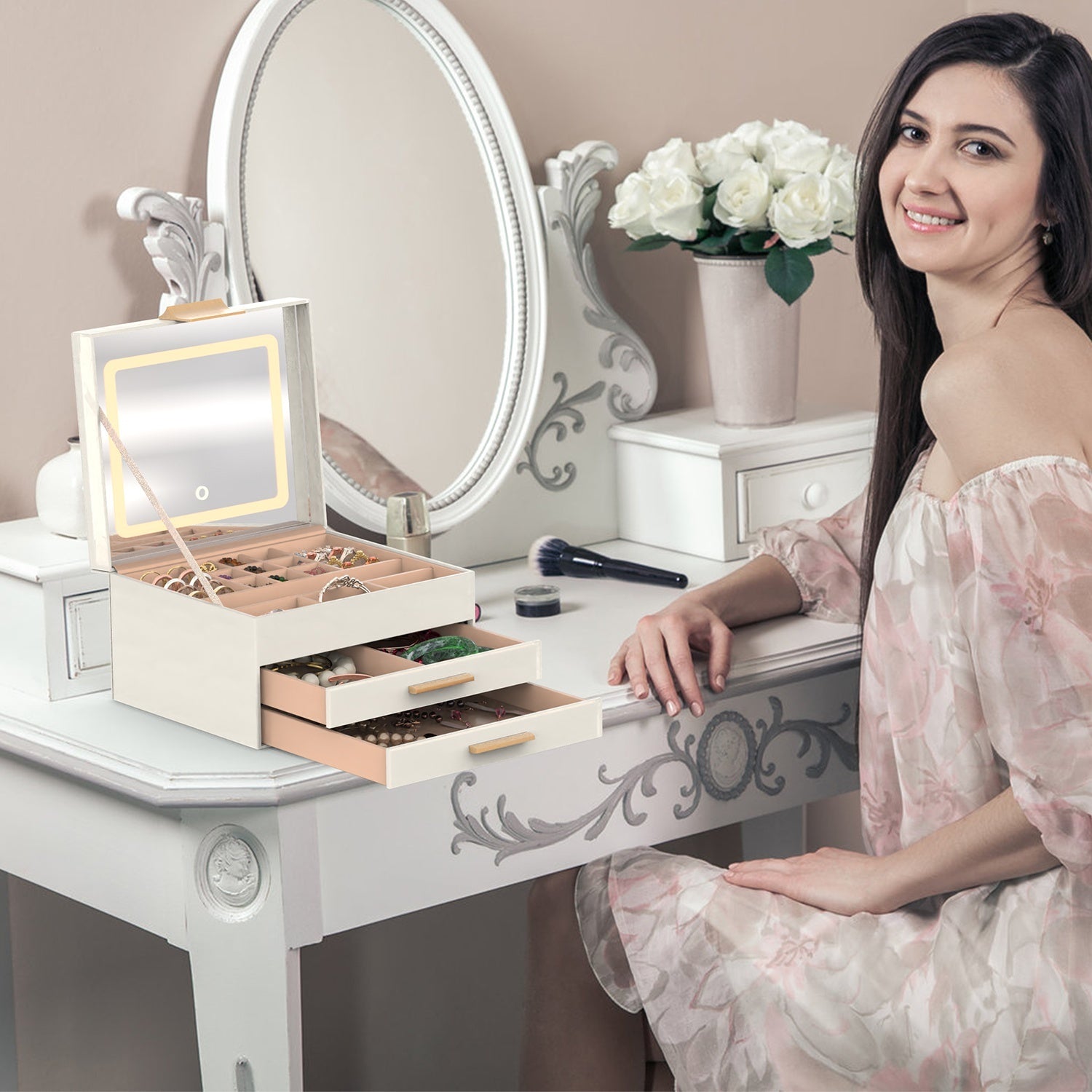 1 Set Jewelry Box With LED Mirror 3 Layer Jewelry Organizer With 2 Drawers PU Jewelry Holder With 3 Mirror Light Colors Dimmable For Earrings Rings Bracelets Necklaces