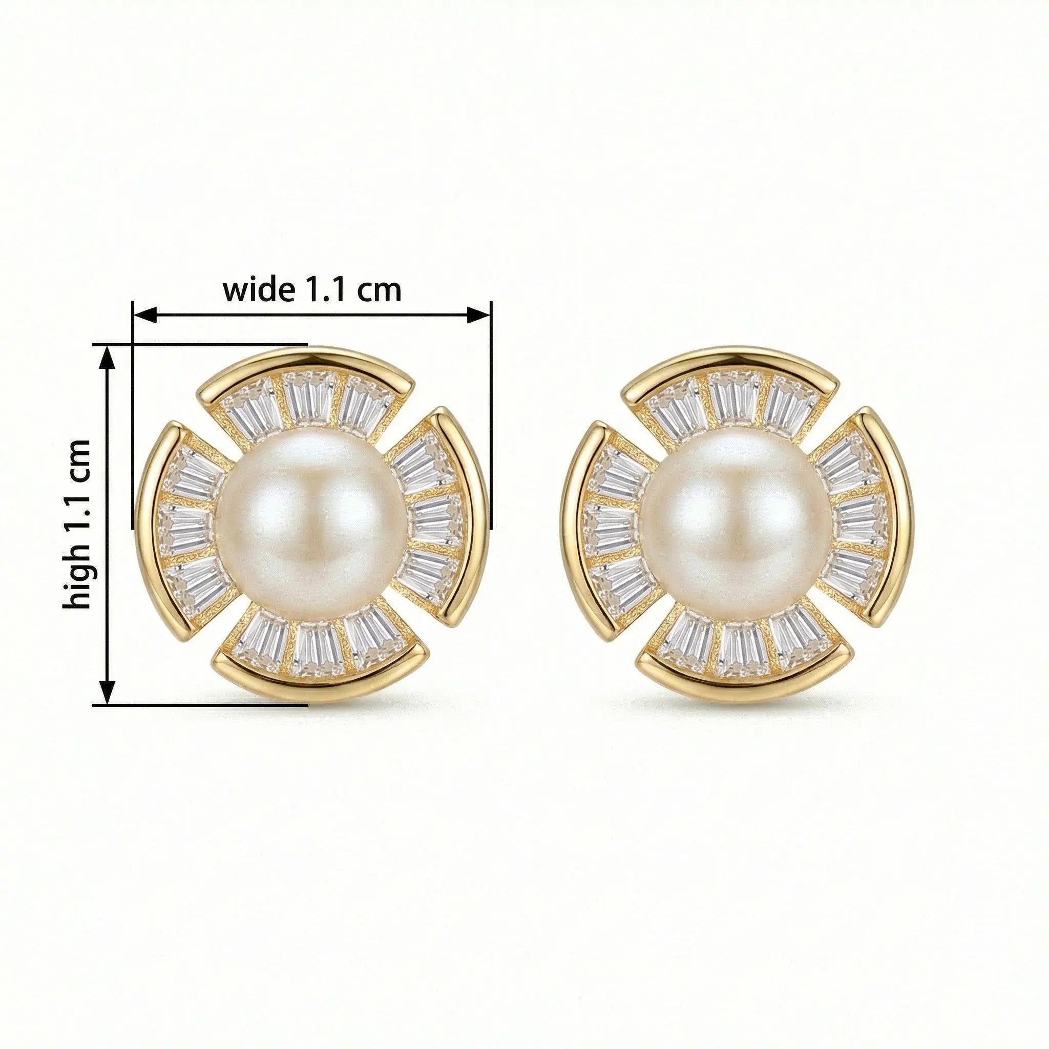 925 Sterling Silver Radiant Pearl and Baguette-Cut Fan-Shaped Stud Earrings