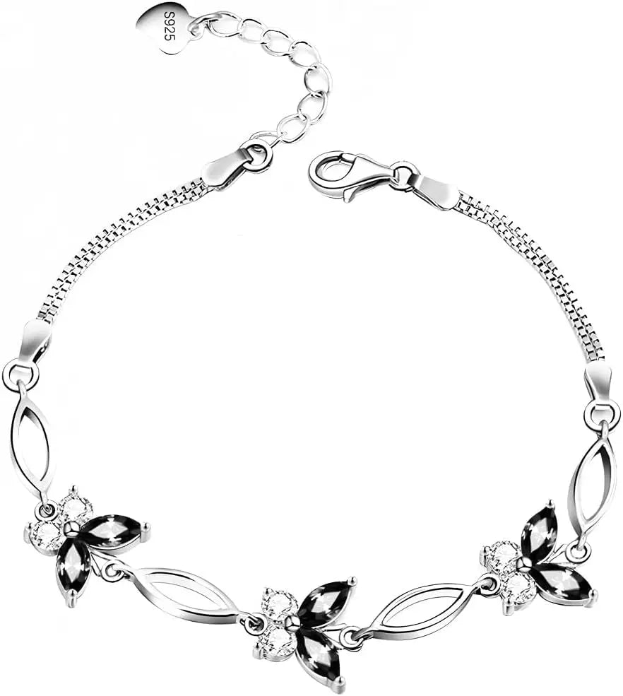 S925 Sterling Silver Purple Butterfly Bracelet, Adjustable 