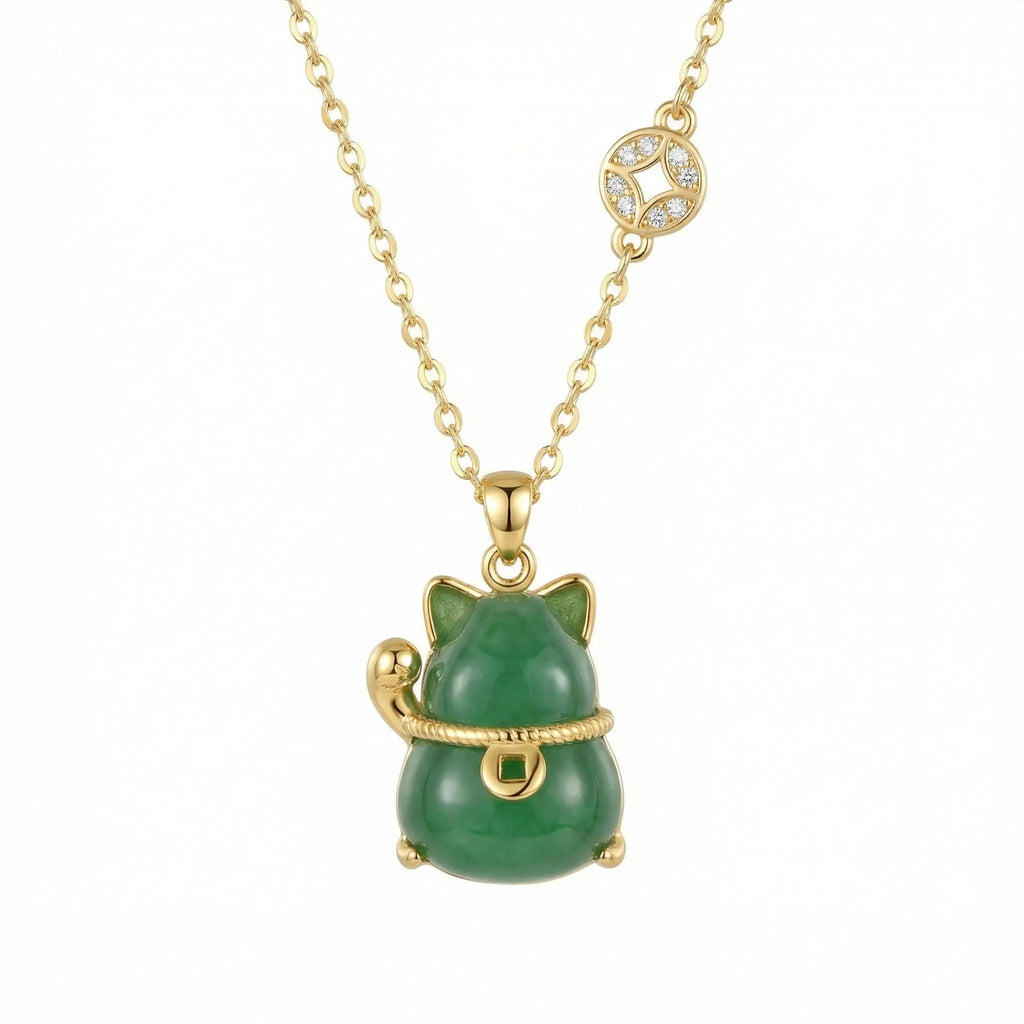 925 Sterling Silver Green Jadeite Lucky Cat Pendant Necklace for Good Fortune and Prosperity NP Collection