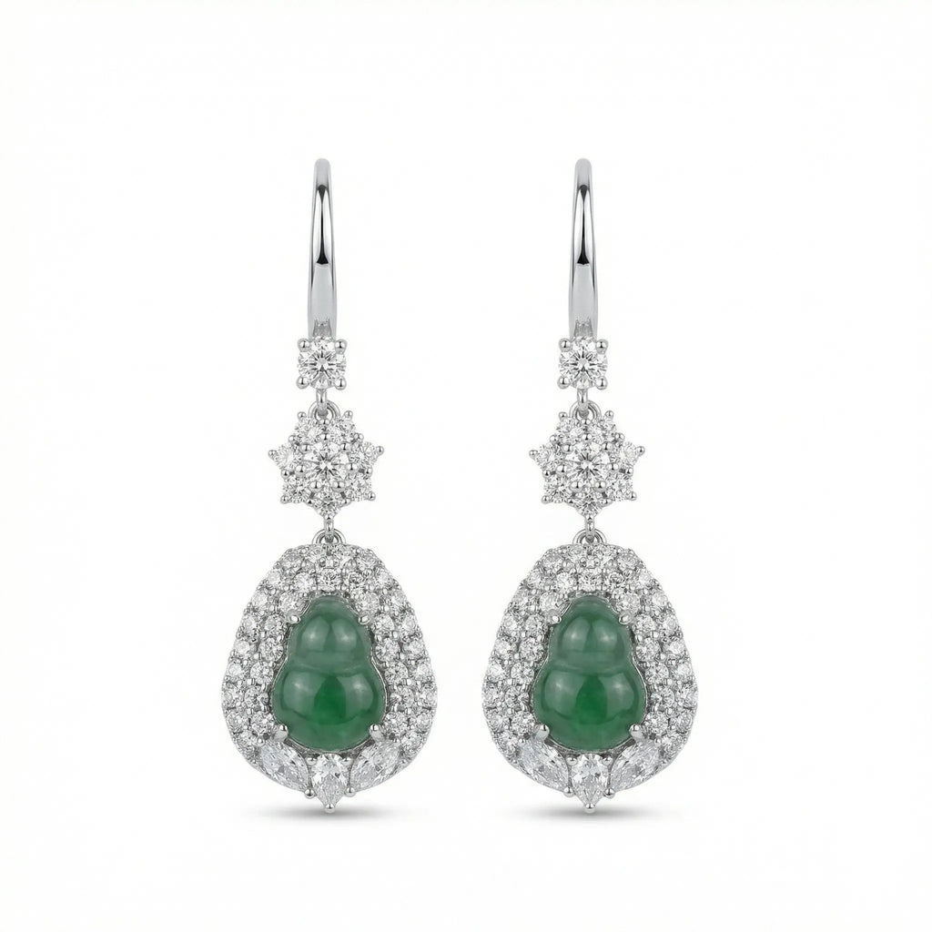 925 Sterling Silver Elegant Green Jadeite Jade Hulu Drop Earrings with CZ Halo