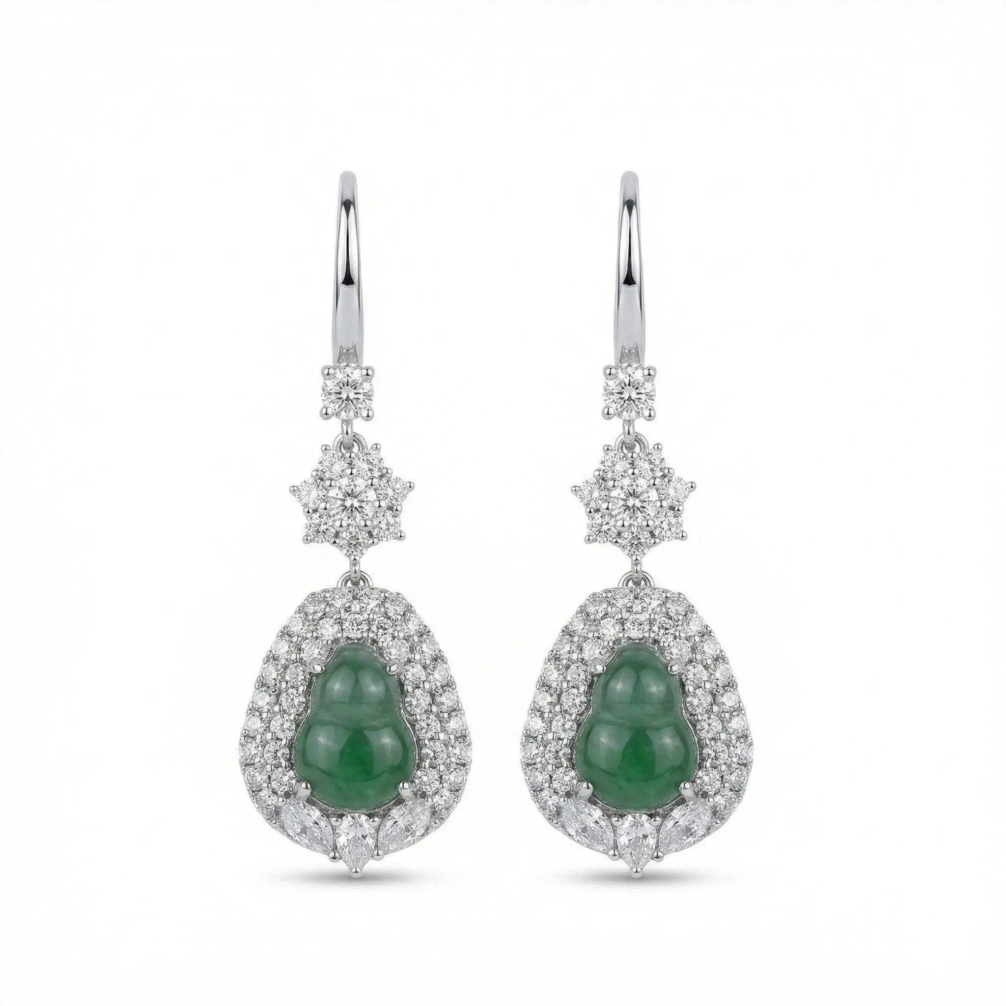 925 Sterling Silver Elegant Green Jadeite Jade Hulu Drop Earrings with CZ Halo