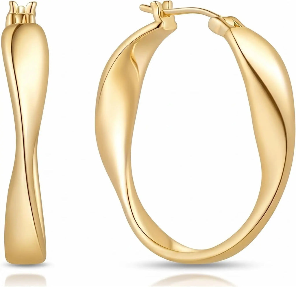 14K Gold Hoop Earrings Twisted Thick Wave Design