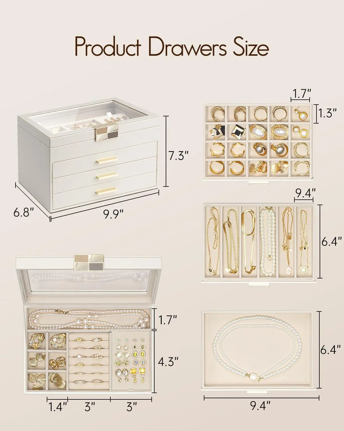 4-Layer Jewelry Storage Case with Glass Lid, Gold Handle, 3 Drawers - Cloud White