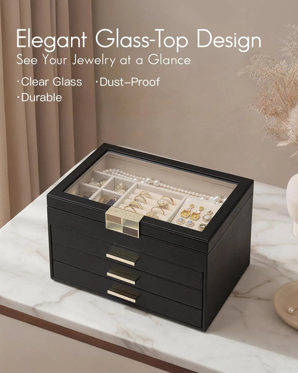 Jewelry Box Organizer for Women, 4-Layer Jewelry Storage Case with Glass Lid, Gold Handle, 3 Drawers for Rings, Earrings, Necklaces and Bracelets - Black