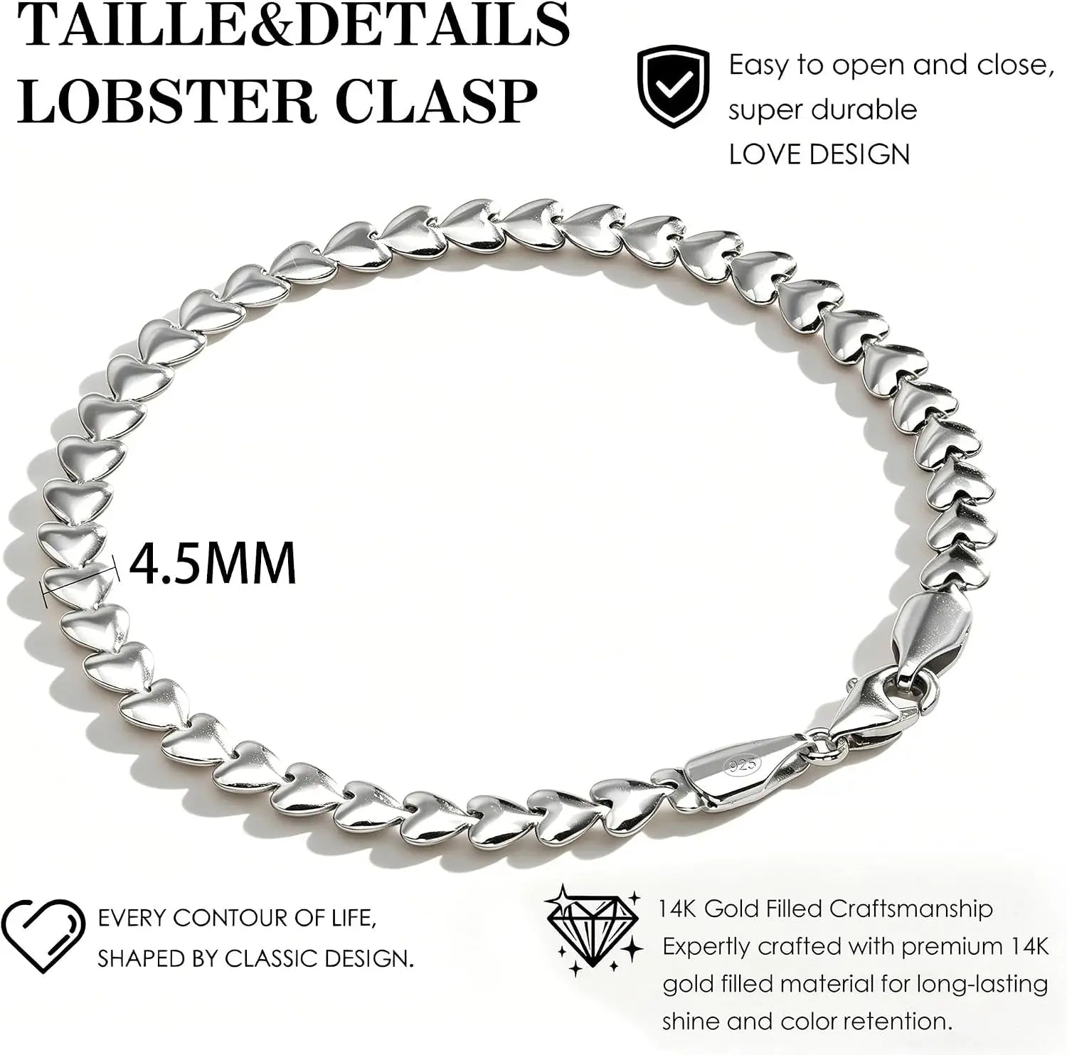 Sterling Silver Hypoallergenic Heart Bracelet Dainty 925 Silver Bracelet