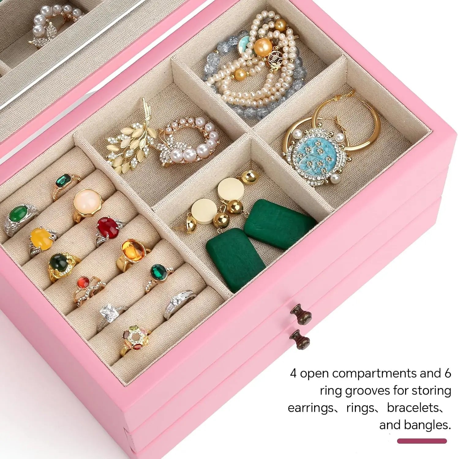 Jewelry Box Organizer for Women, 3 Layer Large Jewelry Storage Case, Rustic Wooden Jewelry Box with Mirror & Ring Tray for Necklace Earring Bracelets Rings, Vintage Style (Pink)