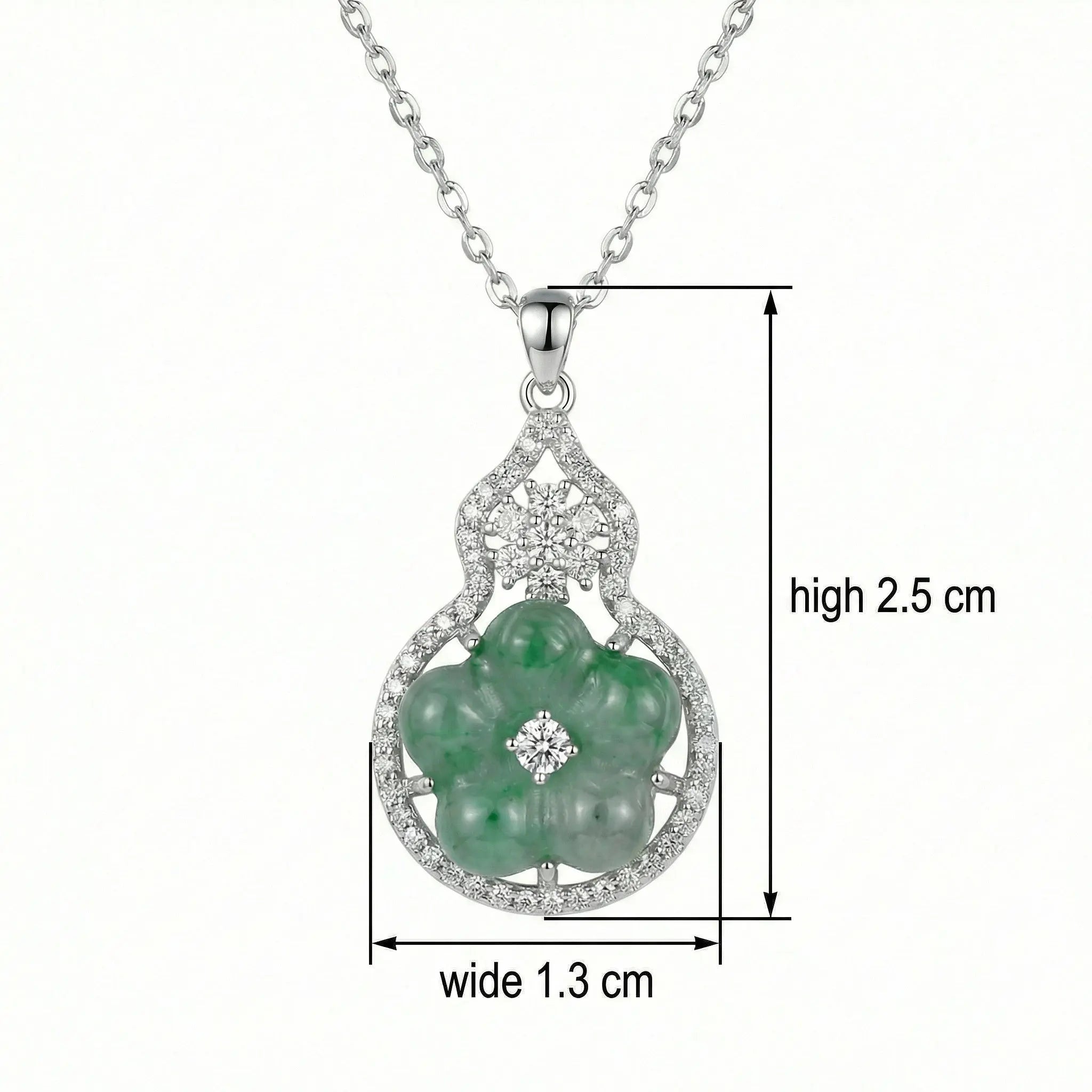 925 Sterling Silver Elegant Green Jadeite Flower Pendant Necklace in a Diamond-Encrusted Gourd Frame NP Collection