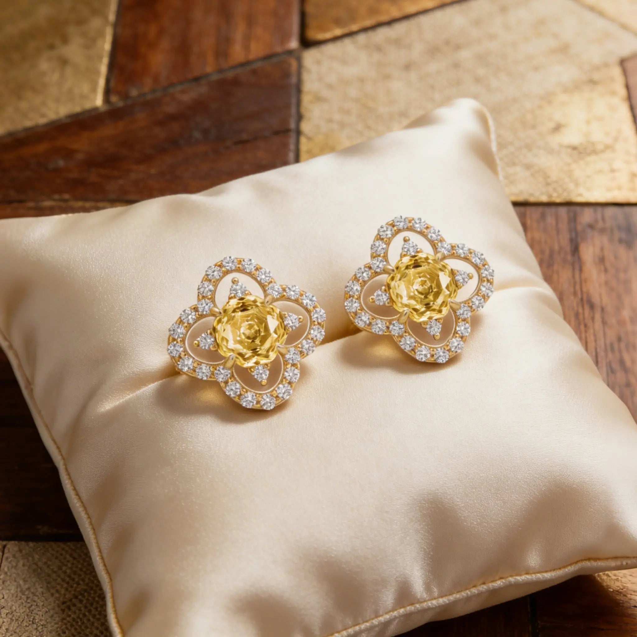 925 Sterling Silver Elegant Quatrefoil Halo Studs Featuring Radiant Cushion-Cut Sunshine Gemstones and Sparkling CZ Accents