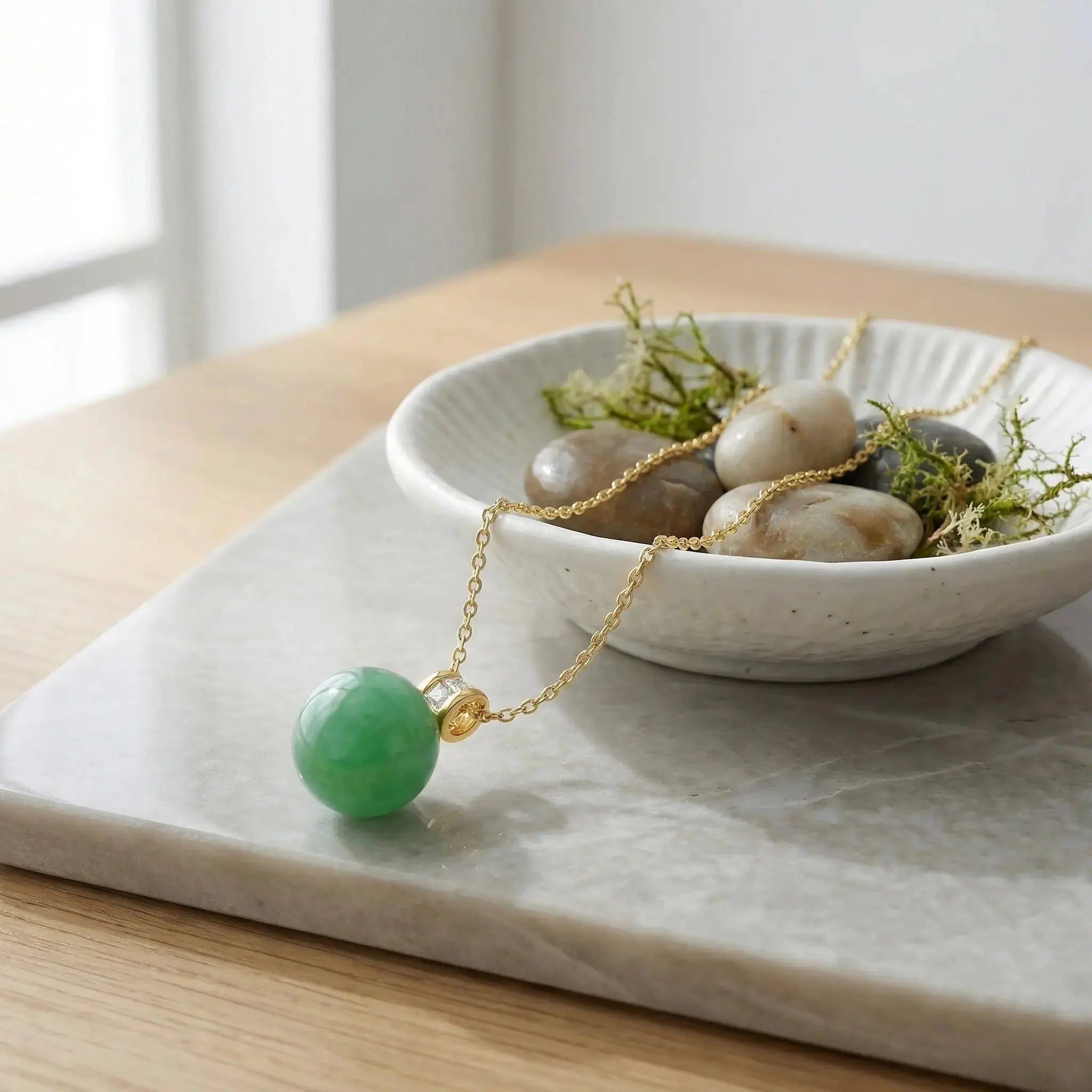 925 Sterling Silver Elegant Green Jadeite Sphere Pendant Necklace Featuring Brilliant Square Accents on a Fine Link Chain NP Collection