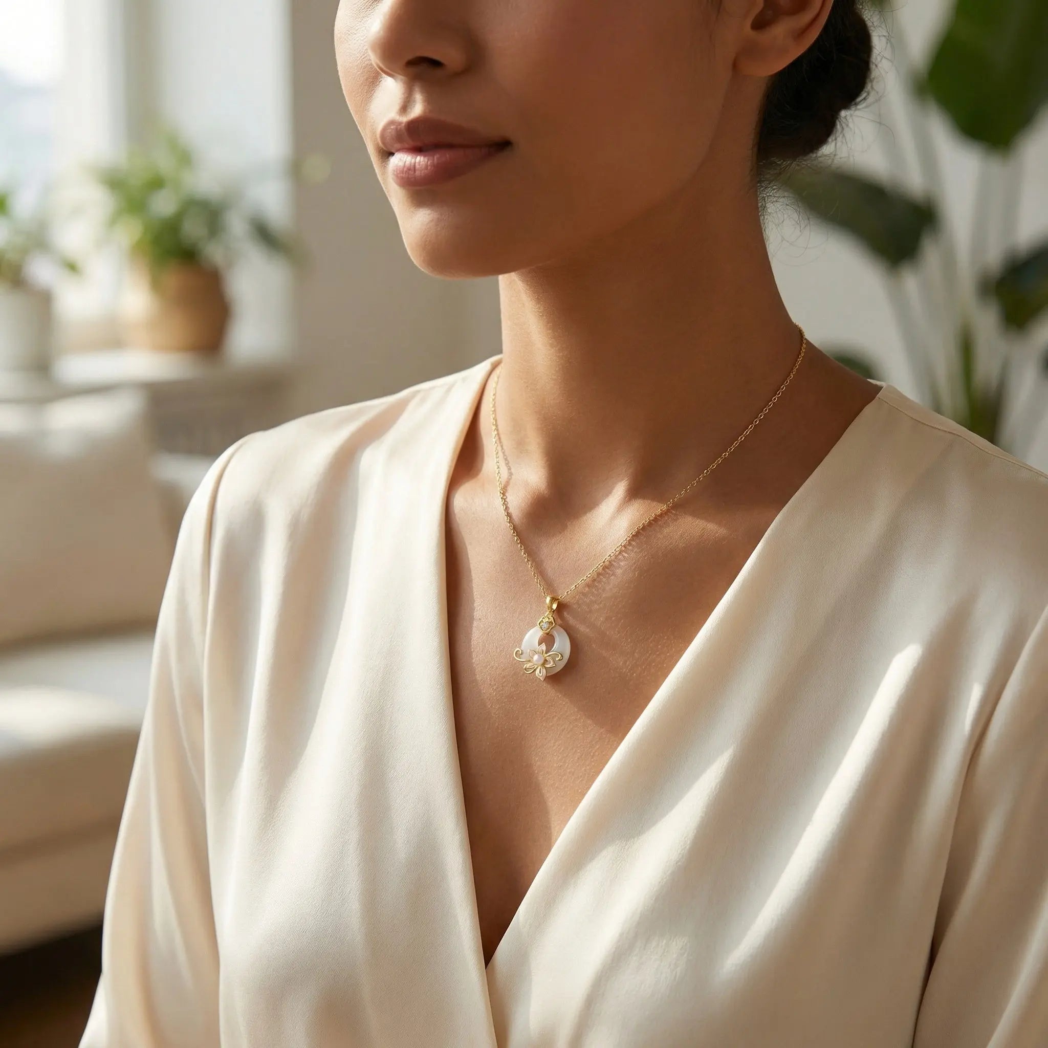 925 Sterling Silver Elegant White Jadeite Peace Buckle Necklace with Pink Enamel Flower and Lustrous Pearl NP Collection