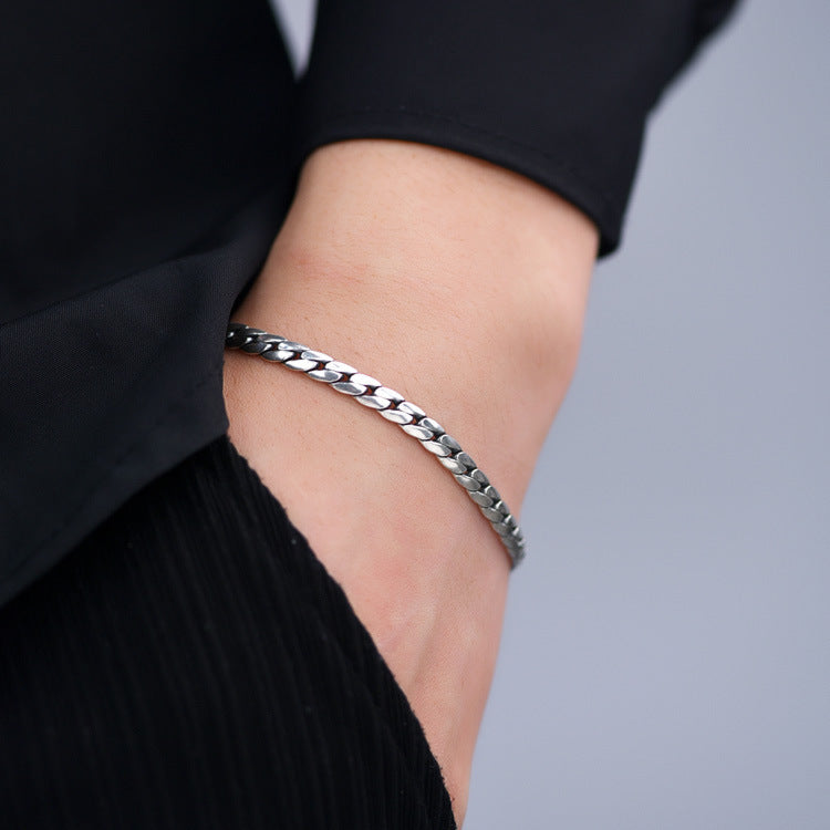 S925 Silver Flat Snake Glossy Curb Bracelet