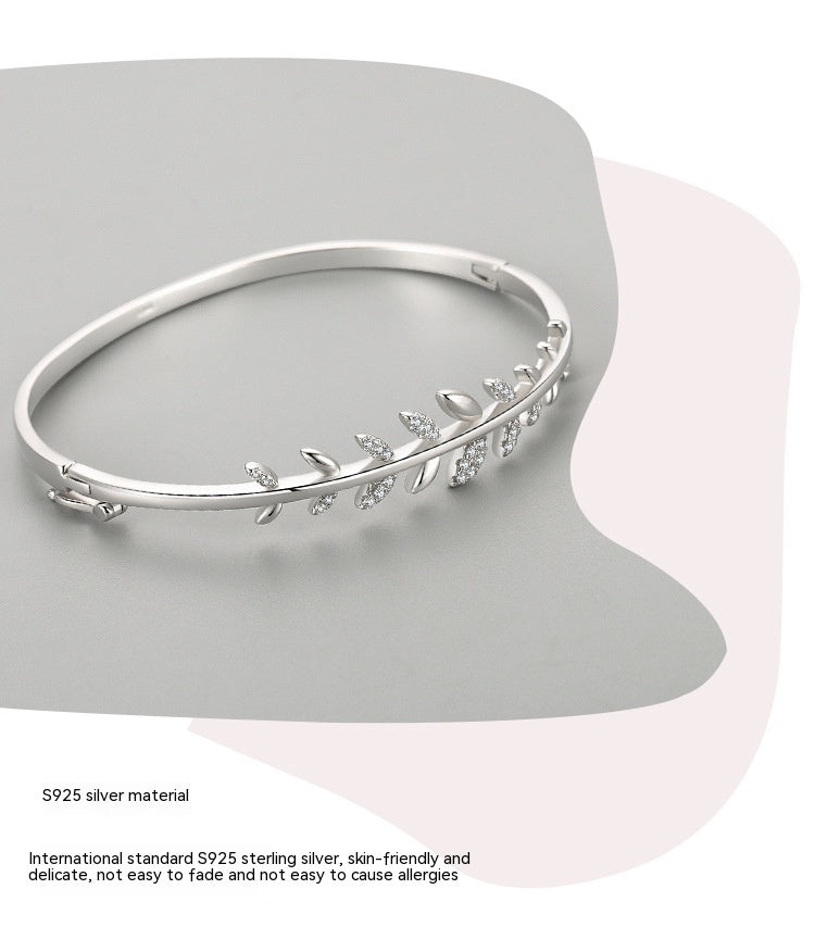 S925 Silver Bracelet Leaf Oval Open-ended
