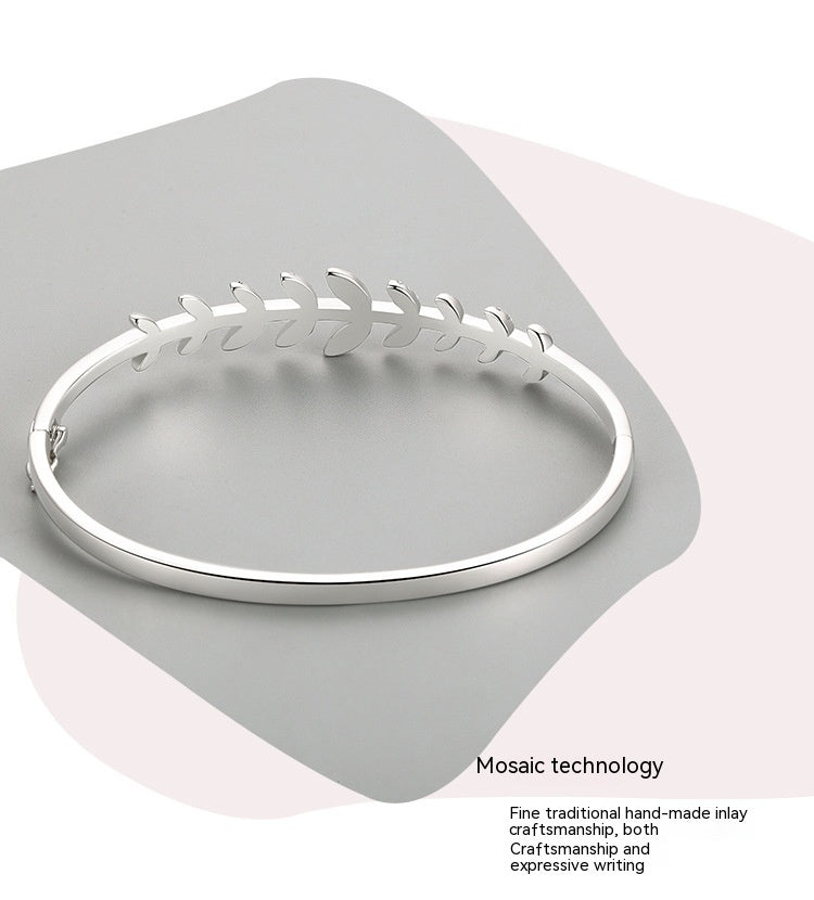 S925 Silver Bracelet Leaf Oval Open-ended