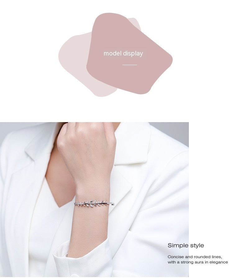 S925 Silver Bracelet Leaf Oval Open-ended