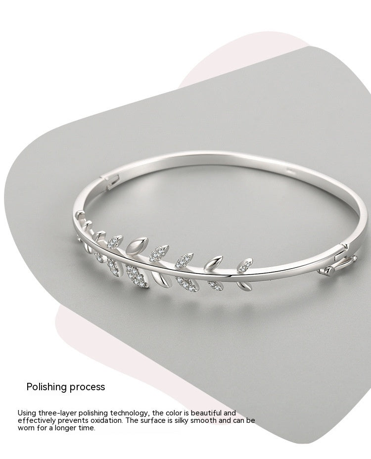 S925 Silver Bracelet Leaf Oval Open-ended