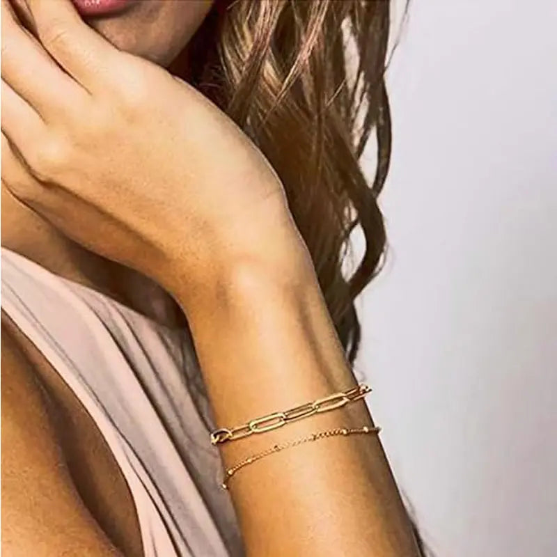 Dainty Gold Bracelets For Women, 14K Gold Filled Adjustable Layered Bracelet Cute Evil Eye Oval Chain Pearl Bar Turtle Gold Bracelet