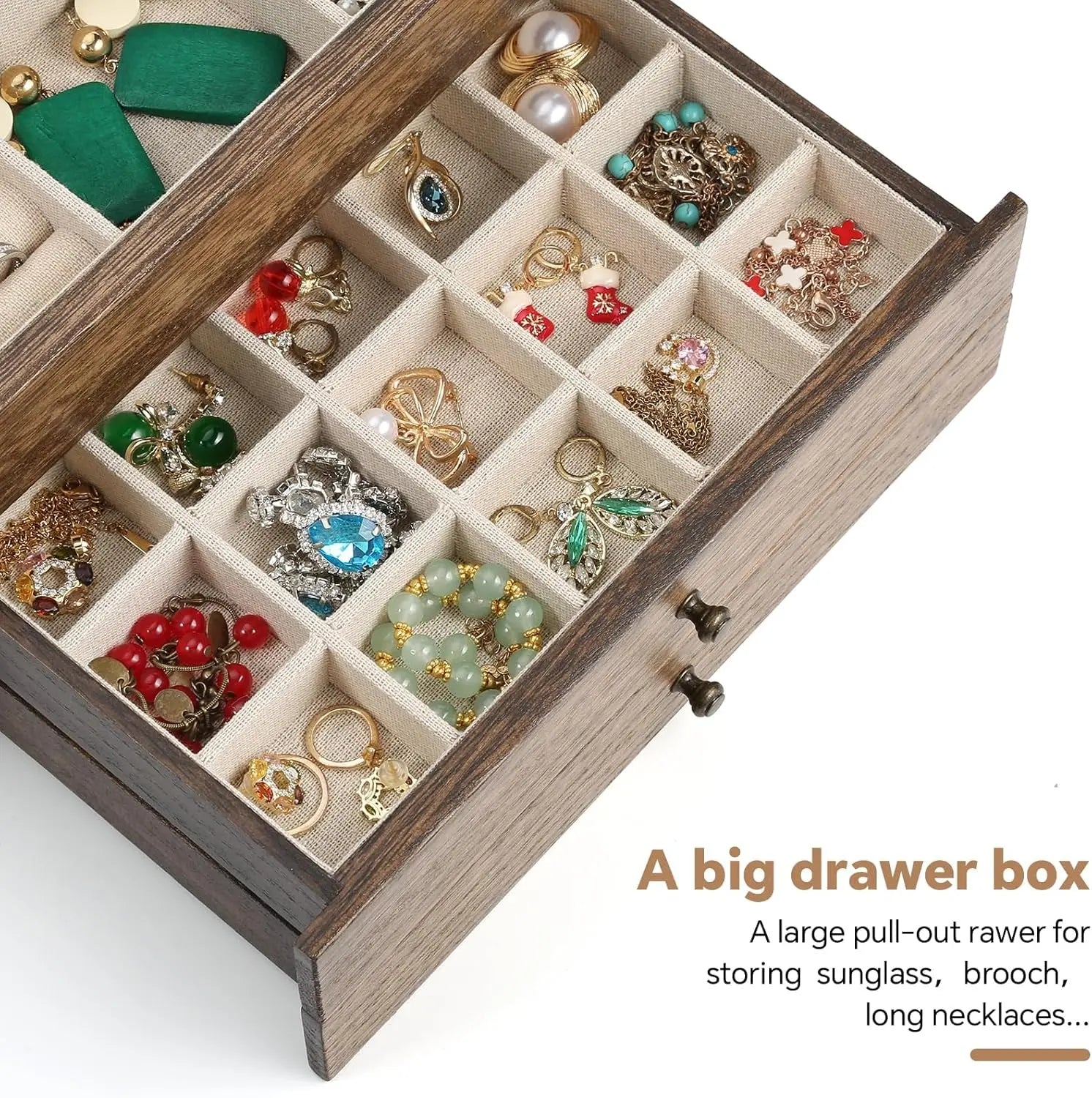 3 Layer Large Jewelry Storage Case, Rustic Wooden 