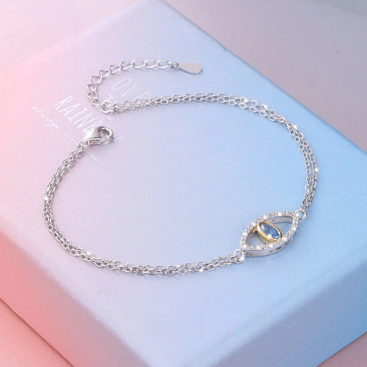 925 Sterling Silver Double Strand Cubic Zirconia Evil Eye Bracelet 