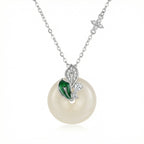 925 Sterling Silver Elegant White Round Pendant Necklace with Green Leaf Accents and Sparkling Silver Floral Chain NP Collection