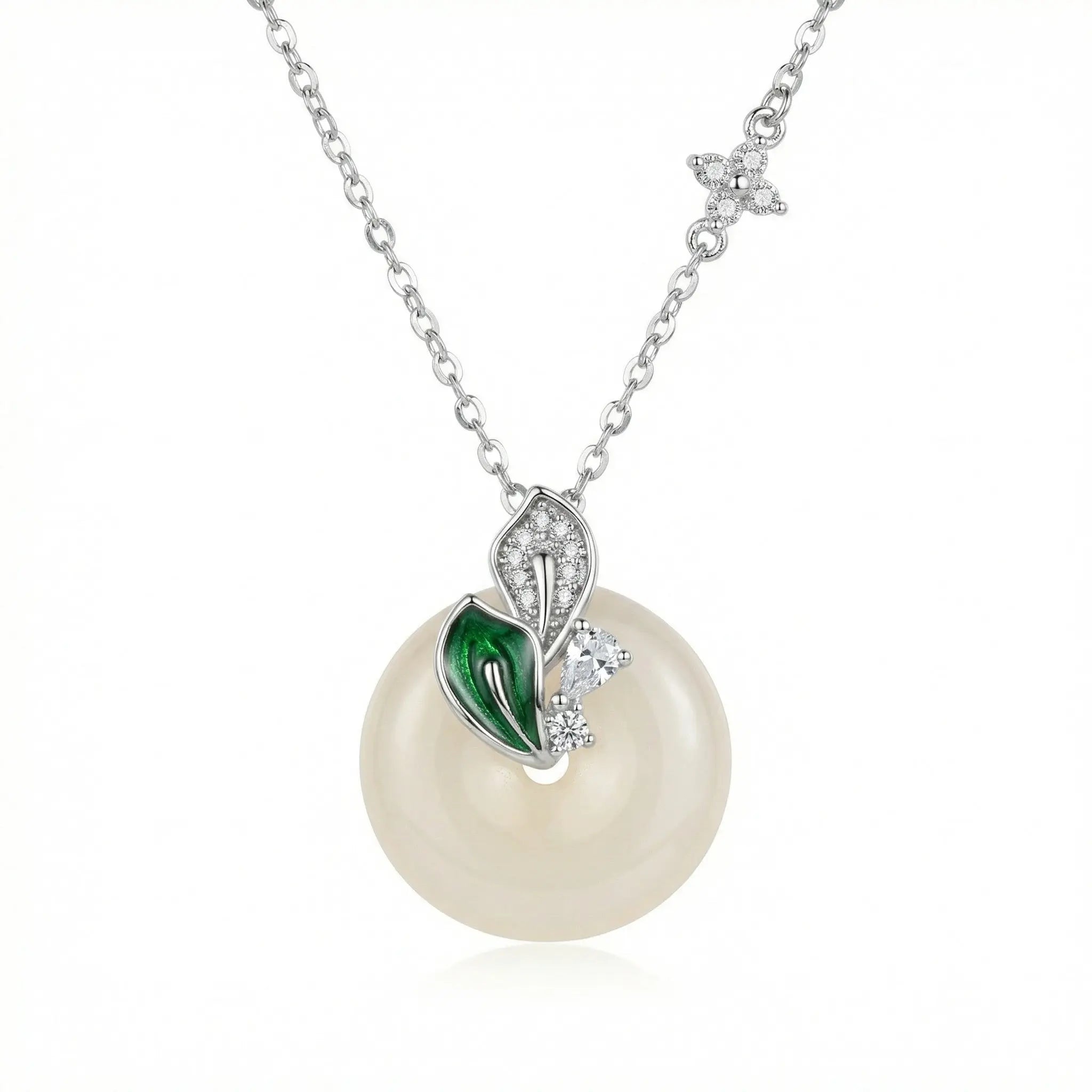 925 Sterling Silver Elegant White Round Pendant Necklace with Green Leaf Accents and Sparkling Silver Floral Chain NP Collection