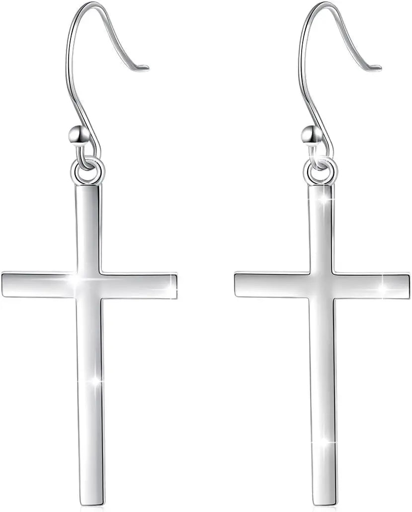 S925 Sterling Silver Jewelry Classic Religious Cross Dangle Earrings