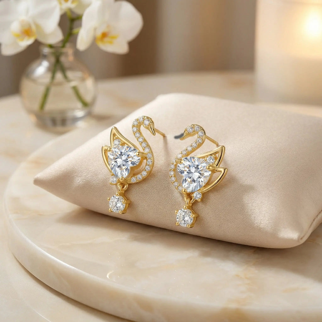 925 Sterling Silver Elegant Sparkling Heart-Shaped Crystal Swan Drop Earrings with Radiant Accents