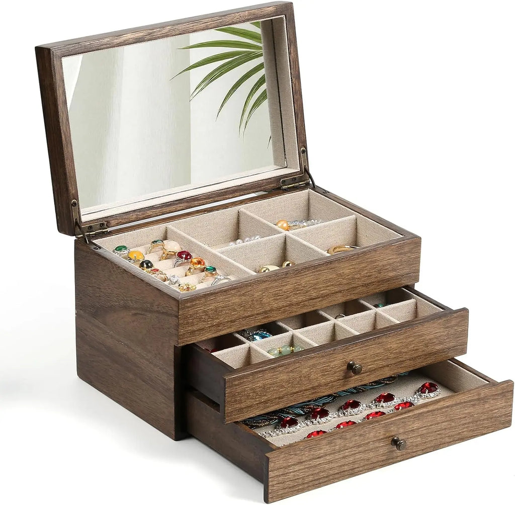 3 Layer Large Jewelry Storage Case, Rustic Wooden 