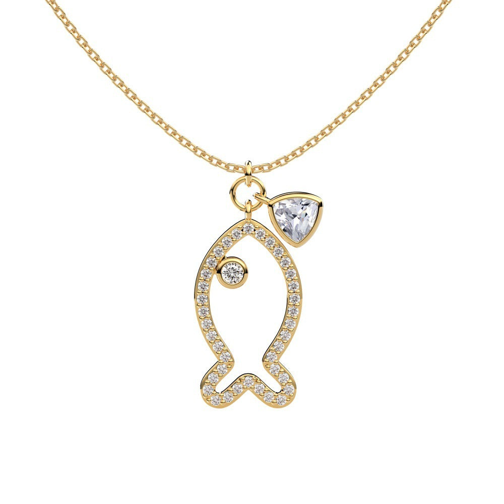 New S925 Sterling Silver Necklace Female Hollow Fish Shape Zircon Personality All-match