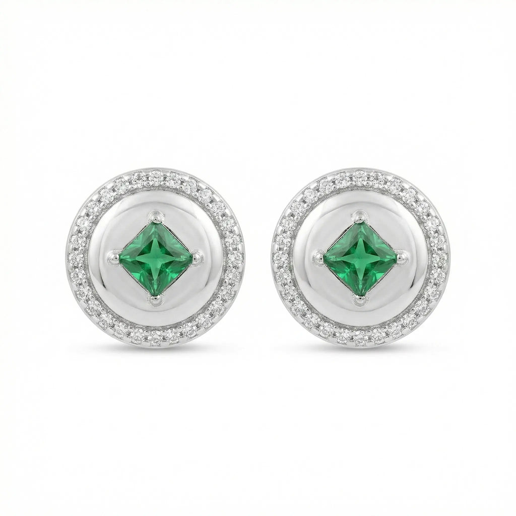 925 Sterling Silver Elegant Round Green Gemstone Stud Earrings with Sparkling Halo