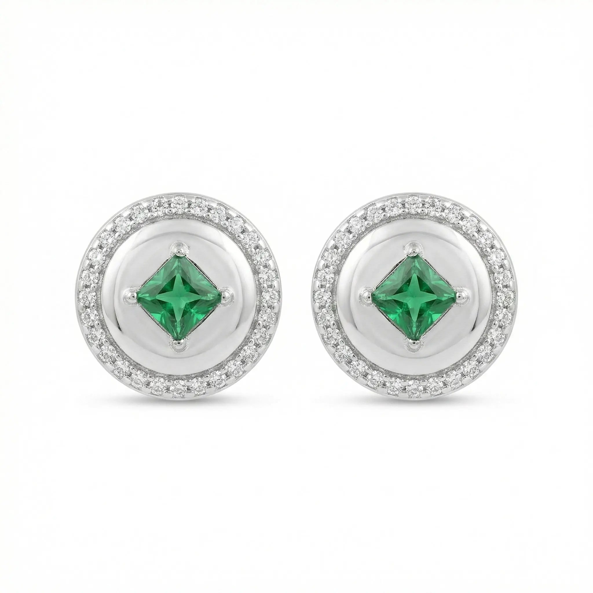925 Sterling Silver Elegant Round Green Gemstone Stud Earrings with Sparkling Halo