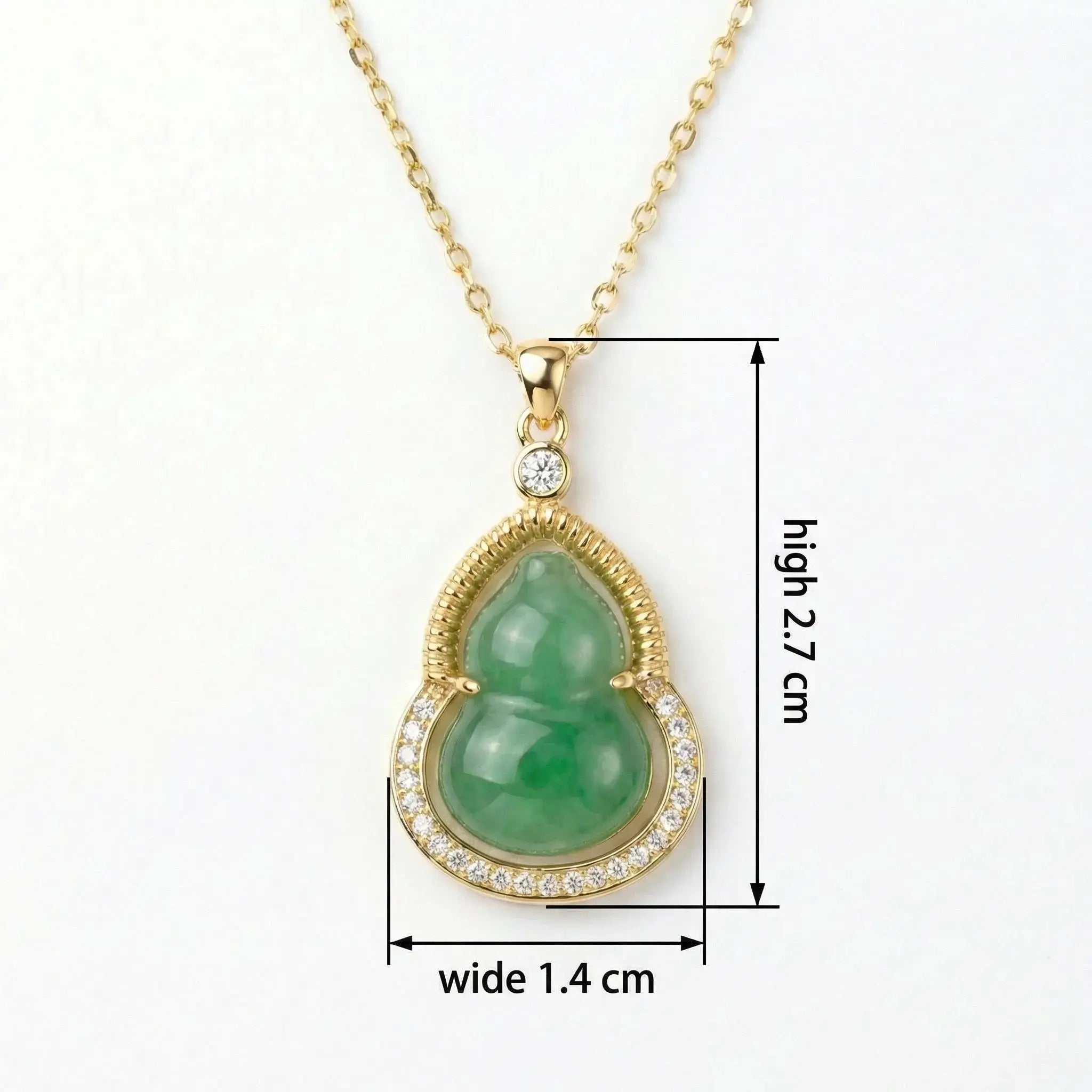 925 Sterling Silver Radiant Green Jadeite Hulu Necklace Featuring Ornate Metalwork and Glistening Gems NP Collection