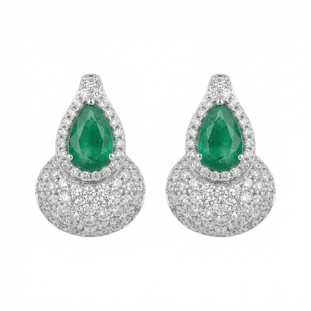 925 Sterling Silver Elegant Pear-Cut Emerald and Diamond Halo Teardrop Earrings with Shimmering Pavé Accents NP Collection