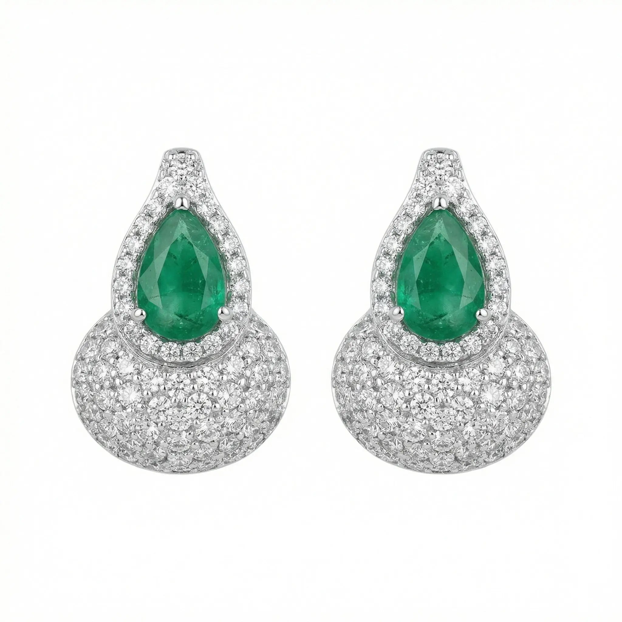 925 Sterling Silver Elegant Pear-Cut Emerald and Diamond Halo Teardrop Earrings with Shimmering Pavé Accents NP Collection
