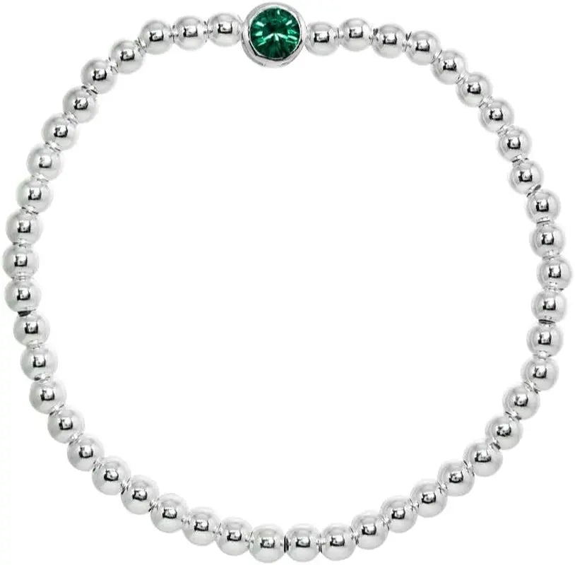 Sterling Silver Polished Beads & Crystal Stretch Stackable Bracelet for Women