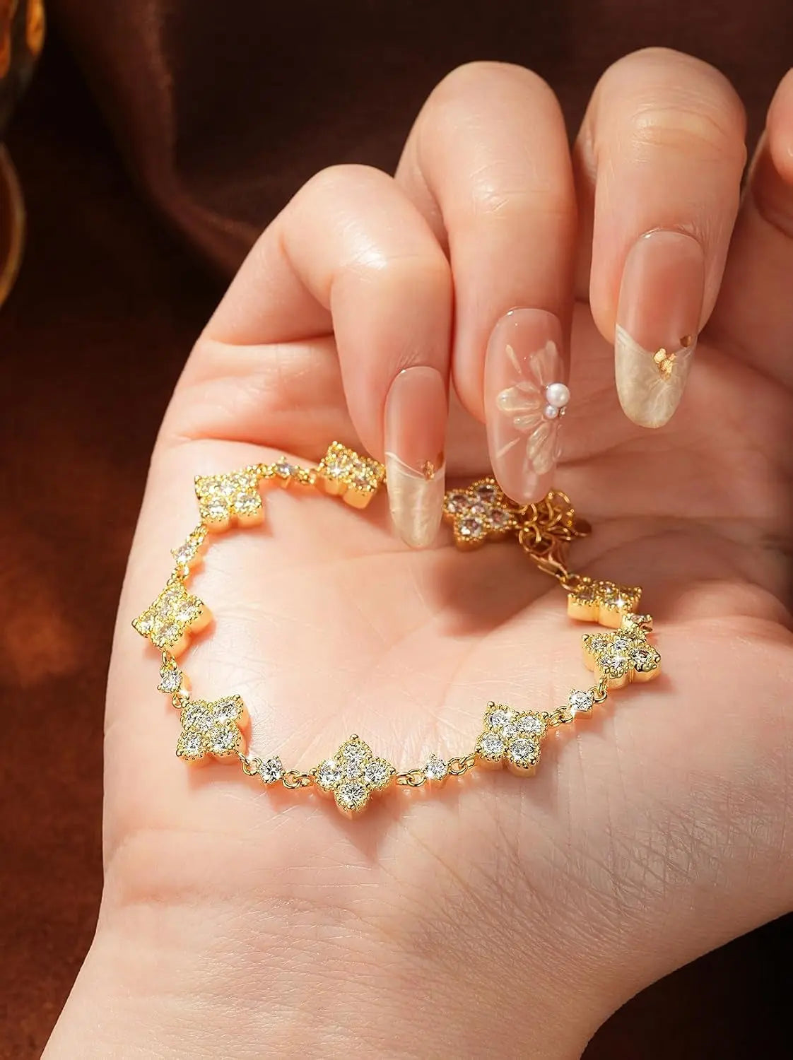 Moissanite Four-Leaf Clover Bracelet, 14K Gold Filled