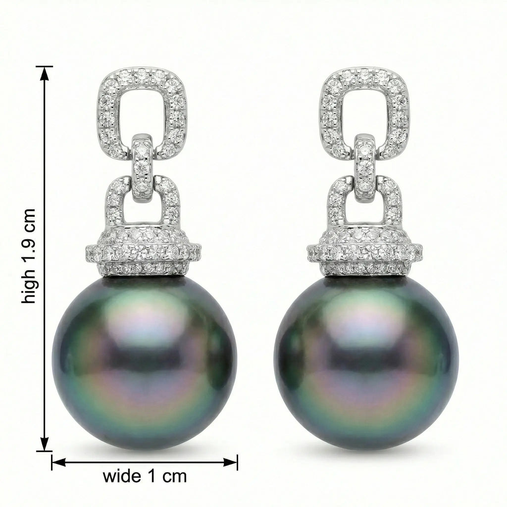 925 Sterling Silver Elegant Tahitian Black Pearl and CZ Geometric Link Drop Earrings