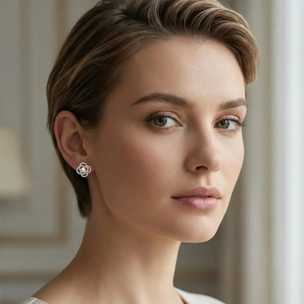 925 Sterling Silver Exquisite Pearl and Pave-Set Crystal Floral Stud Earrings in Silver NP Collection