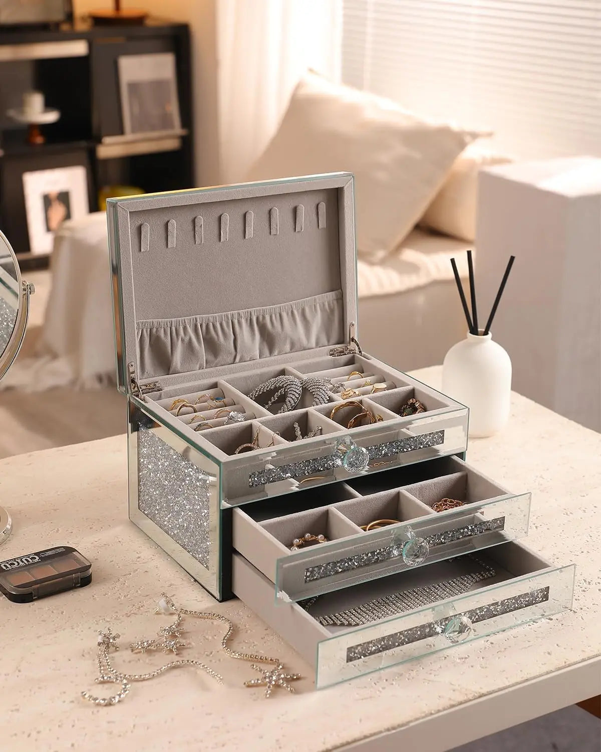 Jewelry Boxes for Women Modern Glass Jewelry Box Organizer 3-Layer 2 Drawers,Lots of Storage Space,Best Birthday Gifts for Women/Silver