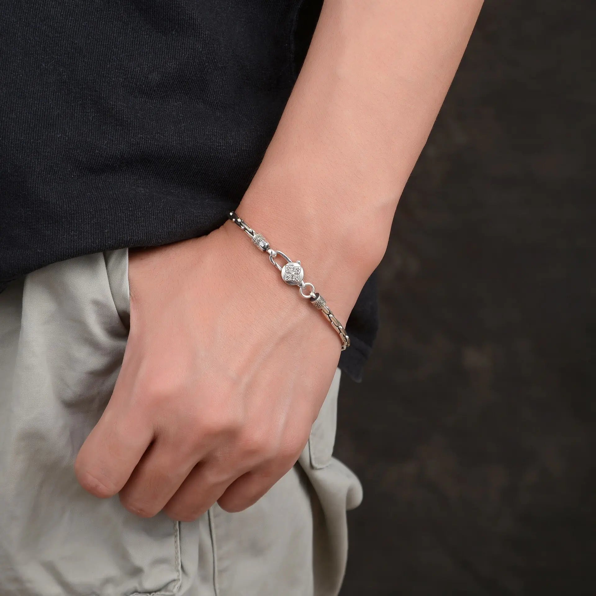 S925 Silver Textured Bamboo Men's Bracelet