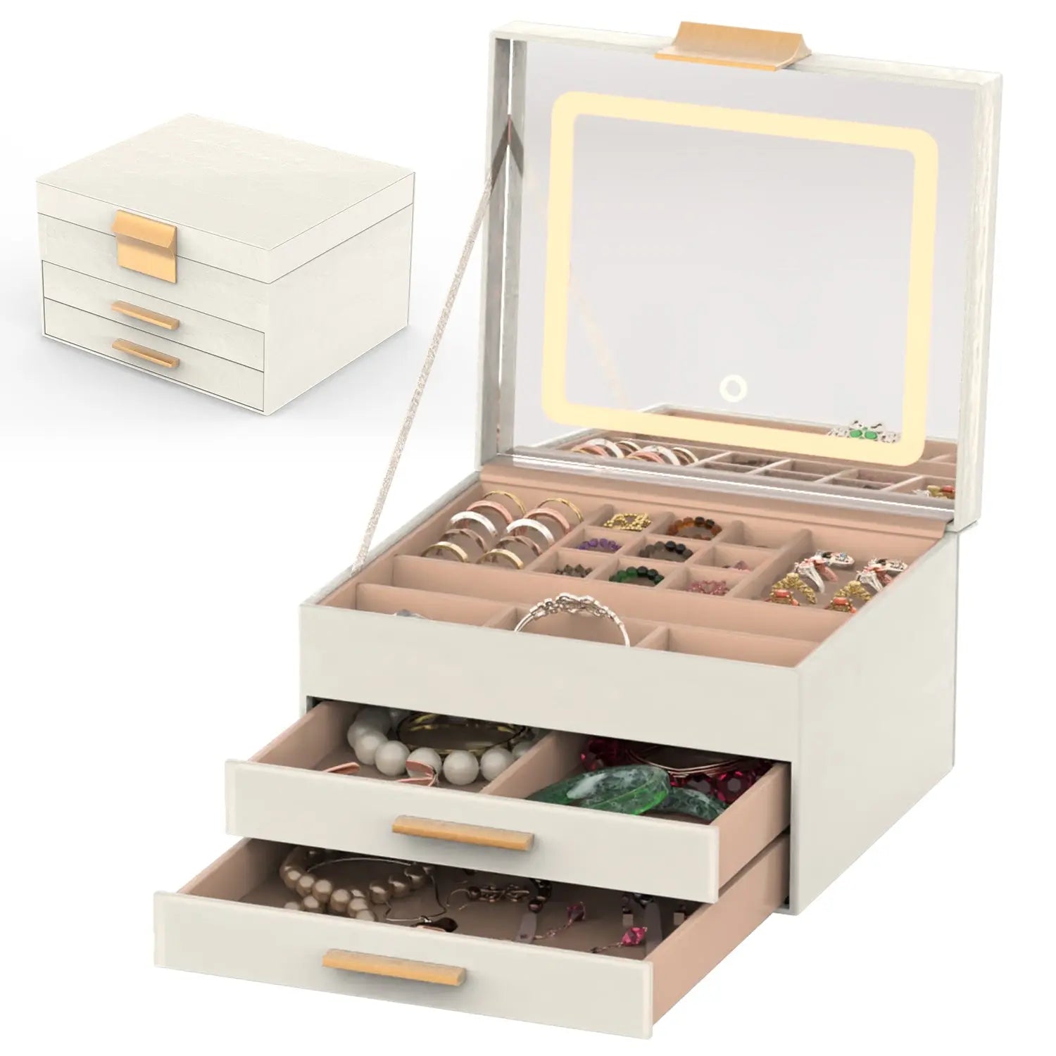  Jewelry Box with LED Mirror 3 Layer Jewelry Organizer with 2 Drawers