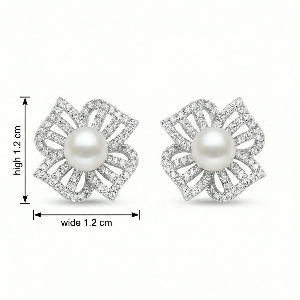 925 Sterling Silver Elegant White Pearl and Diamond Floral Stud Earrings NP Collection