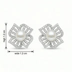 925 Sterling Silver Elegant White Pearl and Diamond Floral Stud Earrings NP Collection