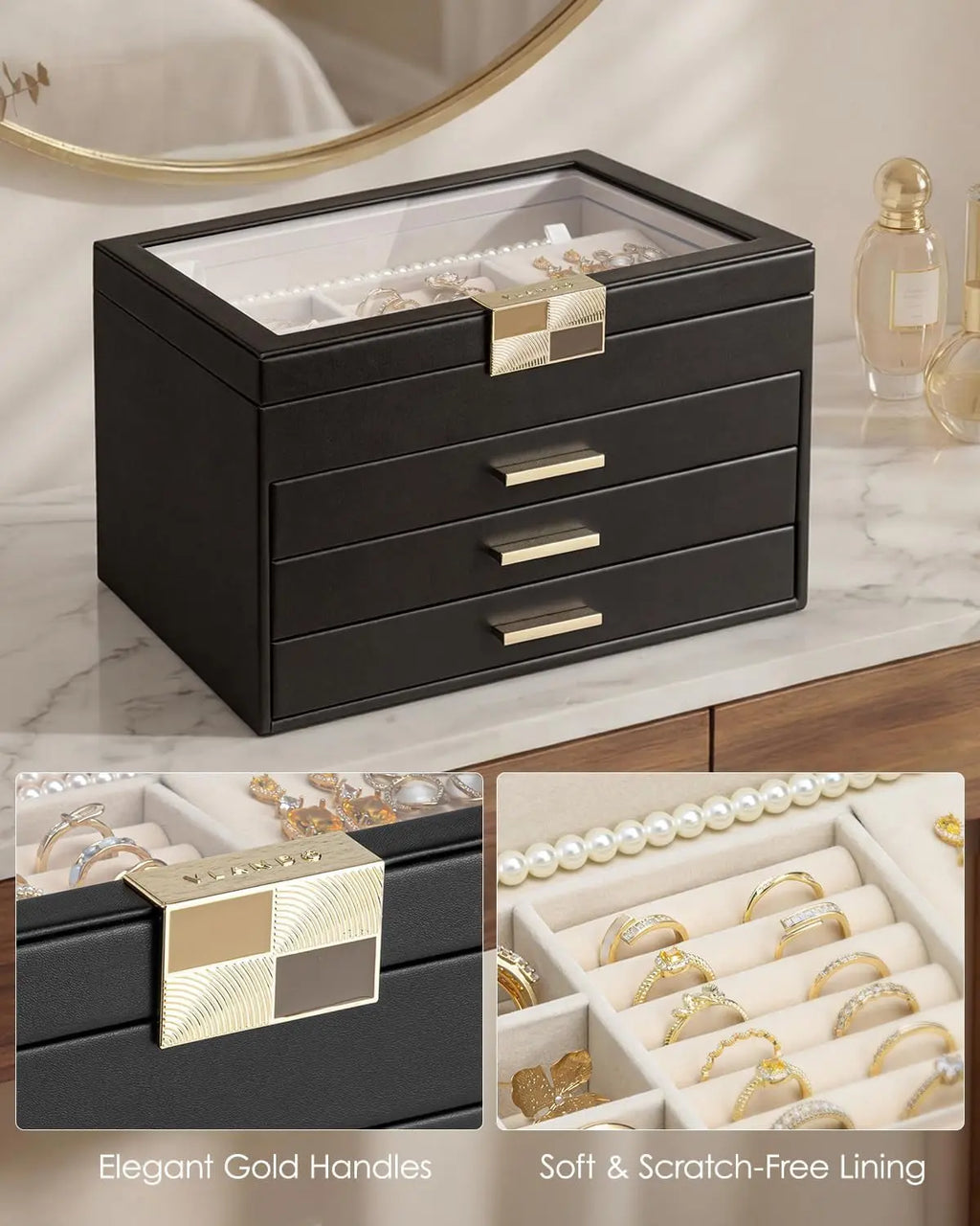 Jewelry Box Organizer for Women, 4-Layer Jewelry Storage Case with Glass Lid, Gold Handle, 3 Drawers for Rings, Earrings, Necklaces and Bracelets - Black