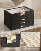 Jewelry Box Organizer for Women, 4-Layer Jewelry Storage Case with Glass Lid, Gold Handle, 3 Drawers for Rings, Earrings, Necklaces and Bracelets - Black